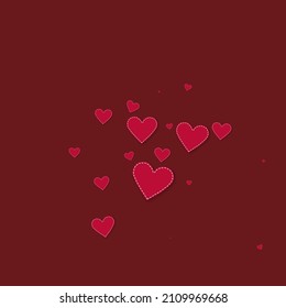 Red heart love confettis. Valentine's day explosion extra background. Falling stitched paper hearts confetti on maroon background. Comely vector illustration.