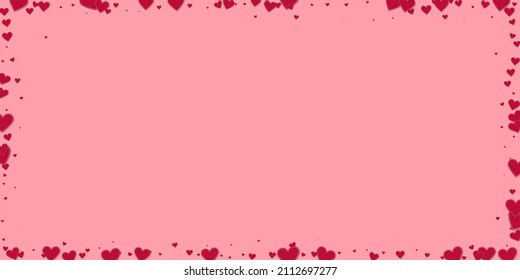 Red heart love confettis. Valentine's day frame wondrous background. Falling stitched paper hearts confetti on pink background. Energetic vector illustration.