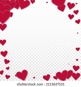 Red heart love confettis. Valentine's day vignette neat background. Falling stitched paper hearts confetti on transparent background. Extraordinary vector illustration.