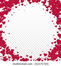 Red heart love confettis. Valentine's day vignette bewitching background. Falling stitched paper hearts confetti on transparent background. Extraordinary vector illustration.