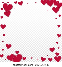 Red heart love confettis. Valentine's day vignette authentic background. Falling stitched paper hearts confetti on transparent background. Extraordinary vector illustration.