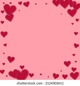 Red heart love confettis. Valentine's day vignette attractive background. Falling stitched paper hearts confetti on pink background. Extraordinary vector illustration.