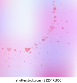 Red heart love confettis. Valentine's day corner creative background. Falling transparent hearts confetti on gradient background. Divine vector illustration.