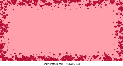 Red heart love confettis. Valentine's day frame interesting background. Falling stitched paper hearts confetti on pink background. Energetic vector illustration.
