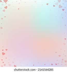 Red heart love confettis. Valentine's day vignette comely background. Falling transparent hearts confetti on delicate background. Decent vector illustration.