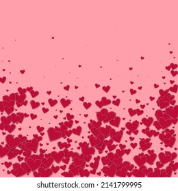 Red heart love confettis. Valentine's day falling rain juicy background. Falling stitched paper hearts confetti on pink background. Creative vector illustration.