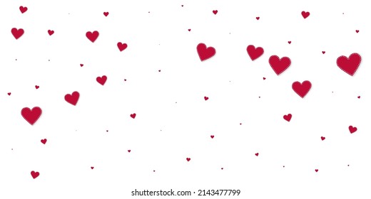 Red heart love confettis. Valentine's day falling rain flawless background. Falling stitched paper hearts confetti on white background. Enchanting vector illustration.