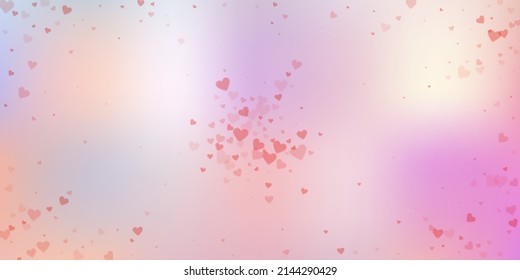 Red heart love confettis. Valentine's day explosion adorable background. Falling transparent hearts confetti on gradient background. Delightful vector illustration.