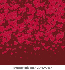 Red heart love confettis. Valentine's day gradient bizarre background. Falling stitched paper hearts confetti on maroon background. Cute vector illustration.