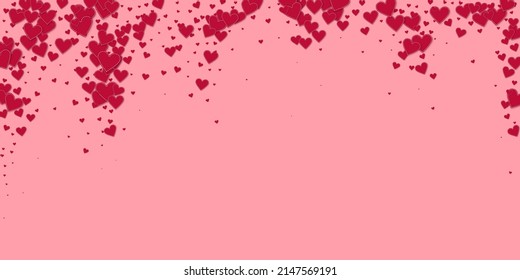 Red heart love confettis. Valentine's day falling rain adorable background. Falling stitched paper hearts confetti on pink background. Energetic vector illustration.