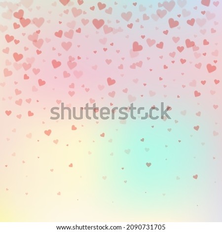 Red heart love confettis. Valentine's day gradient amazing background. Falling transparent hearts confetti on subtle background. Exquisite vector illustration.