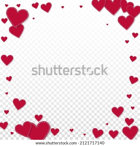 Red heart love confettis. Valentine's day vignette authentic background. Falling stitched paper hearts confetti on transparent background. Extraordinary vector illustration.
