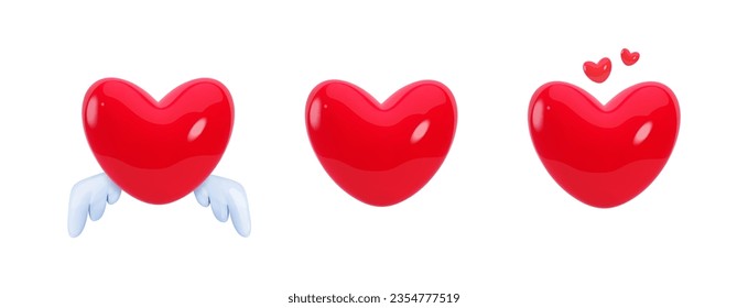 Red heart, love emoji, 3d icon. Like symbol, flying heart with wings for romantic design. Vector elements for social media and mobile apps