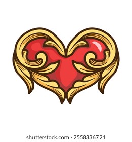 Red heart love icon symbol with Golden border frame baroque engraving ornament. Heart shape with red gemstone and gold floral ornament, Vintage engraved drawing, antique design vector illustration