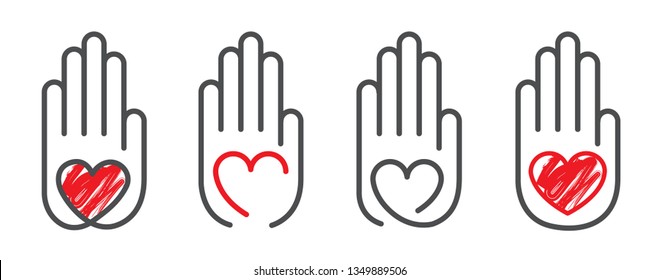 Red heart of love in the palm of your hand. Vector illustration