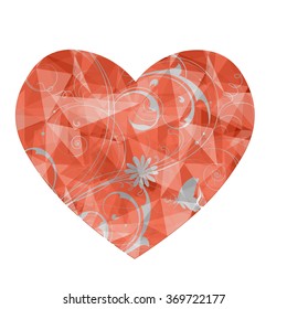 Red heart in love polygonal low poly with abstract flower on isolated