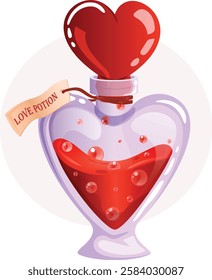 Red Heart Love Potion Glass Bottle. Magical Love Elixir Charm Illustration 