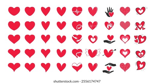 Red heart love symbol clipart set. Heart shape drawing icon clip art in hand drawn, outline, sign and doodle graphic elements collection. Vector illustration love flat sign decoration. 
