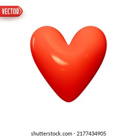 Red heart love symbol. Realistic 3d design element In plastic cartoon style. Icon isolated on white background. Vector illustration