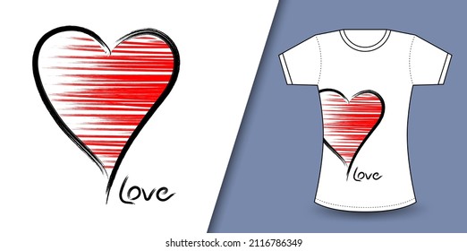 Red heart and love text logo for valentine'day vector, T shirt design for happy valentine's day template, clothing print, t shirt mockup, Female fashion, hand drawn heart vector illustration