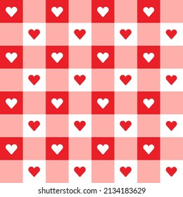 Red Heart Love Valentine's Day Gingham Pattern Square Background Vector Cartoon Illustration Tablecloth, Picnic mat wrap paper, Mat, Fabric, Textile, Scarf.