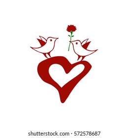 Red heart, lovely birdies and big flower as a gift on a white background. Vector illustration.