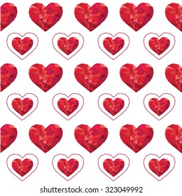 Red heart low poly as seamless pattern on white background