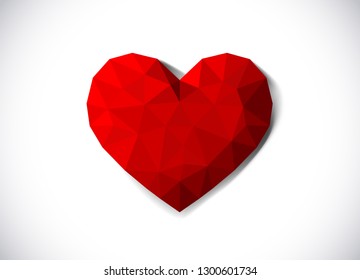 Red heart in low poly style. Love concept. Origami heart.