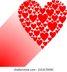 Red heart made up of many red hearts of different sizes. Vector icon on white background with long red shadow.