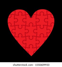 red heart made of puzzles, black background, vector illustration