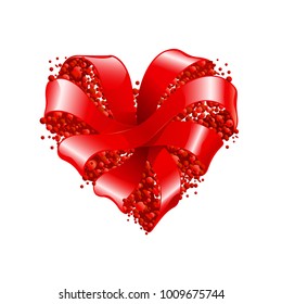 Red Heart made of silk, satin ribbons intertwined. Fireworks scattered serpentine, confetti inside. Holiday illustration for St. Valentine's Day, wedding invitation, for women's day, birthday. Vector