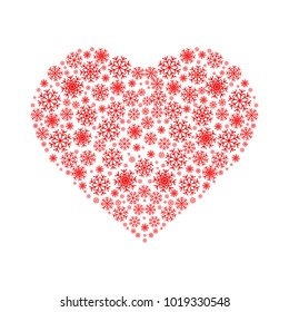 Red heart made from snowflakes on white background; cute flat vector icon. EPS 10