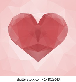 Red heart made of transparent triangles on a pink abstract geometric background. Valentine card. Vector illustration