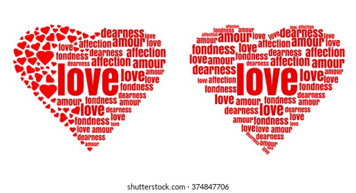 Red heart made up of words and small hearts.  Love, amour, fondness, affection, dearness. Vector design elements for Valentine's Day.