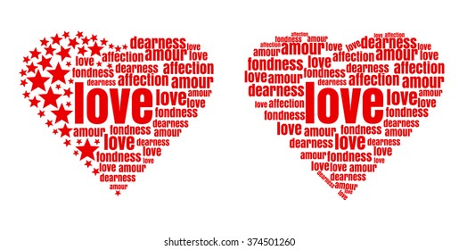 Red heart made up of words and stars.  Love, amour, fondness, affection, dearness. Vector design elements for Valentine's Day.
