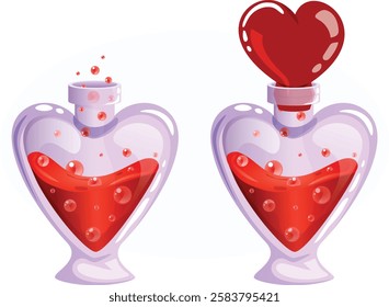 Red Heart Magical Love Elixir Bottle Closed and Open Versions. Aphrodite`s Love Potion Detailed Illustration