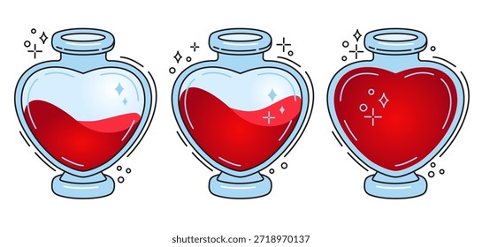Rotes Herz magische Liebe Elixier Flasche. Sammlung von niedlichen einfachen Valentinstag verwandten Trank Flaschen. Aphrodite`s Liebesgetränk detaillierte Illustration. 