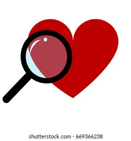 Red Heart and Magnifying Glass on White Background, Black Loupe, Vector Illustration EPS10