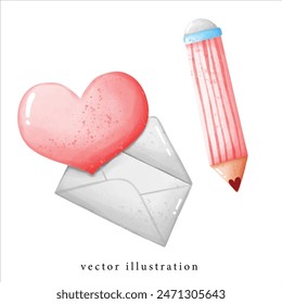 red heart with mail sending and pencil element card decoration