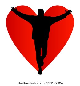 Red heart and man in front of it vector background concept