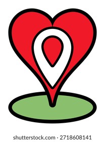 Alfiler rojo del mapa del corazón sobre el marcador verde de la ubicación que expresa el viaje romántico y la atracción local con el estilo plano del Vector y el contorno audaz