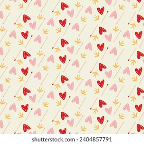red heart, red match, pink heart, pink match, pink heart, pink match, orange colored flower on ecru colored background. Seamless metered pattern. - Vector στοκ