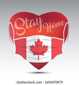 Red heart with medical mask. Covid 19 design. Stay home concept with Canada flag.