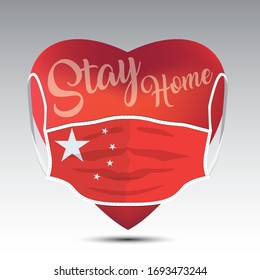 Red heart with medical mask. Covid 19 design. Stay home concept with China flag.