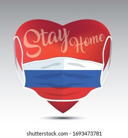 Red heart with medical mask. Covid 19 design. Stay home concept with Russia flag.