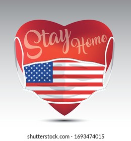 Red heart with medical mask. Covid 19 design. Stay home concept with USA flag.