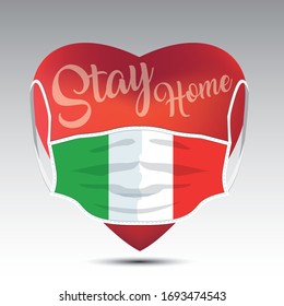 Red heart with medical mask. Covid 19 design. Stay home concept with Italy flag.