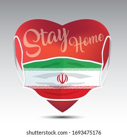 Red heart with medical mask. Covid 19 design. Stay home concept with Iran flag.