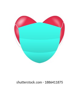 Red heart with medical mask isolated on white background . heart with a mask .Vector illustration. Red heart with medical mask isolated on white background