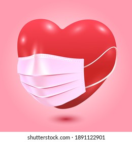 Red heart with medical mask. vector illustration background